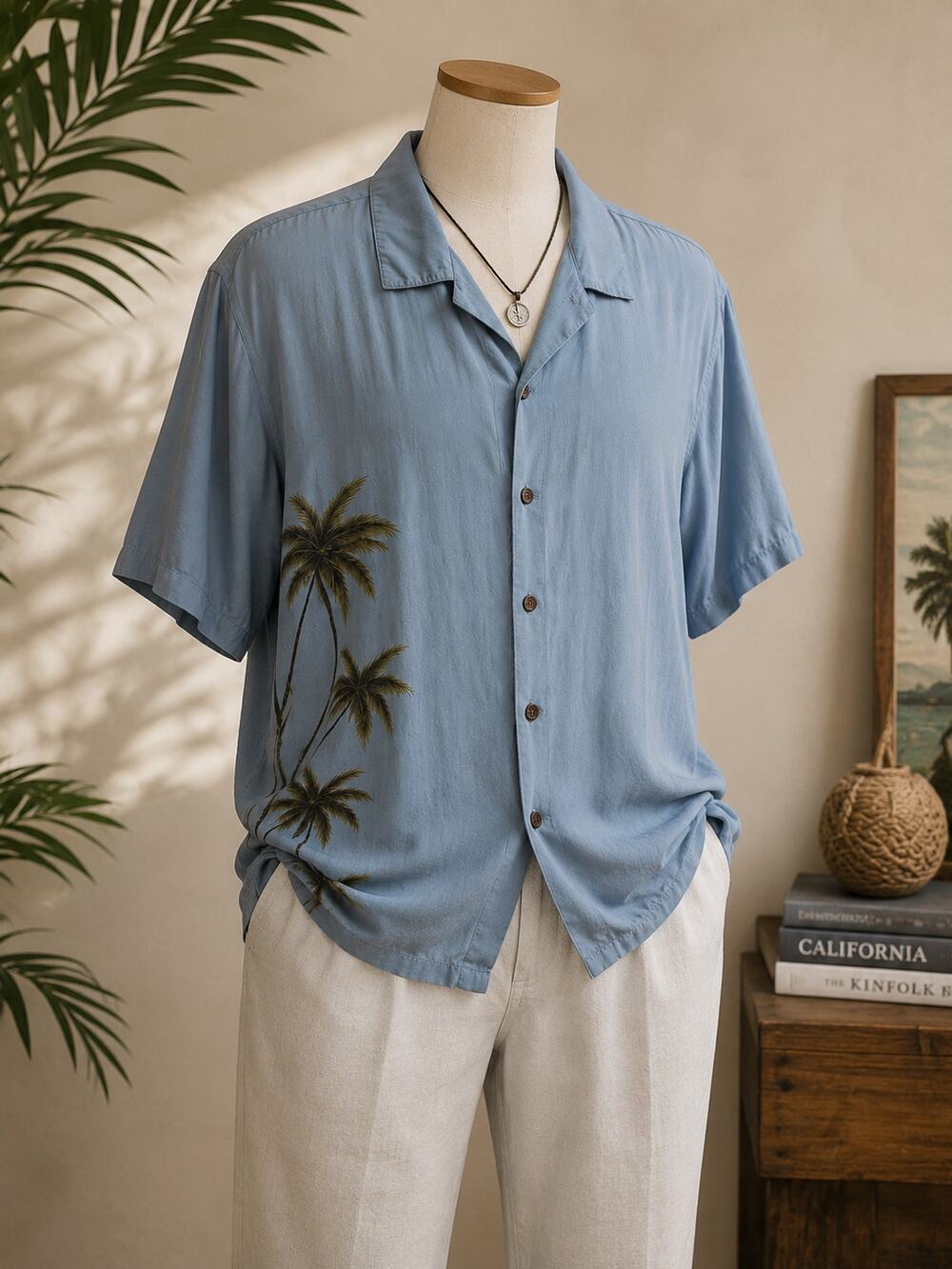 Caribbean Joe Men’s XXL 100% Silk Shirt Blue Palm Tree Hawaiian Camp Resort